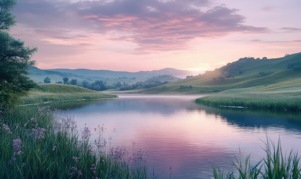 Serene countryside landscape with rolling hills, a calm river, and a pastel sky at dawn