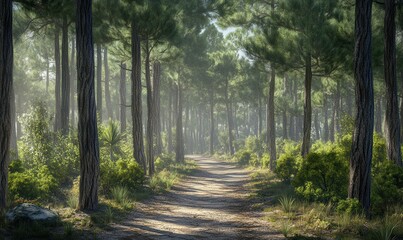 Obraz premium Serene forest trail lined with towering pines and dappled sunlight breaking through the canopy.