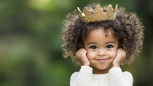 African american toddler girl in white sweater wearing golden crown with curly hair and sweet smile outdoors. Princess birthday party, Halloween costume, Carnival or Christmas celebration concept - Powered by Adobe