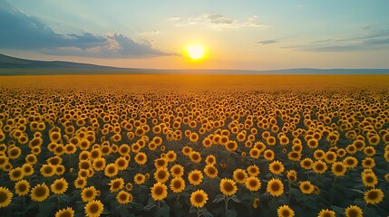 Obraz premium Sunset over vast sunflower field, aerial view