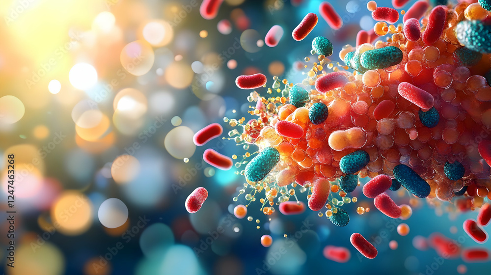 Poster bacteria cluster exploding, science background