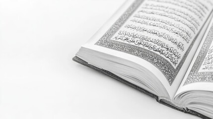 Open holy book with Arabic calligraphy on white background.