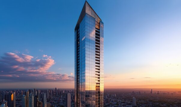 Sleek modern skyscraper with reflective glass panels, standing tall against a vivid blue sky, representing architectural achievement