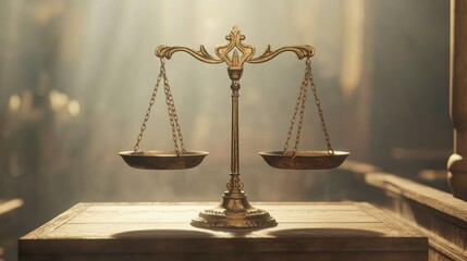 Golden scales of justice in courthouse, backlit