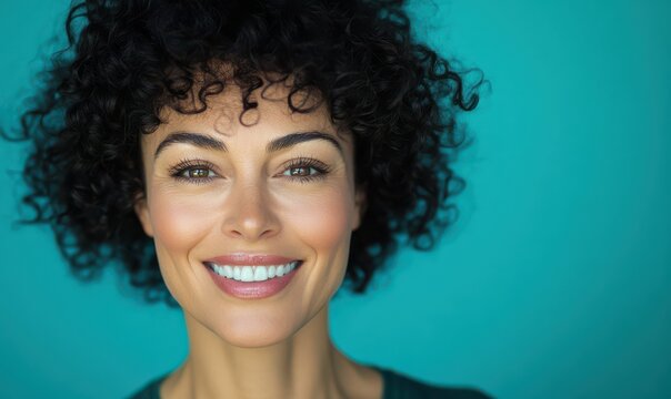 Smiling woman with curly hair on a vibrant cyan background, her radiant expression and soft lighting convey joy and confidence