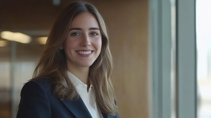 Obraz premium Smiling businesswoman office portrait, modern background, headshot