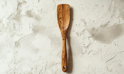 Smooth wooden spatula on a white plaster background, minimalist kitchen design emphasizing functionality and simplicity