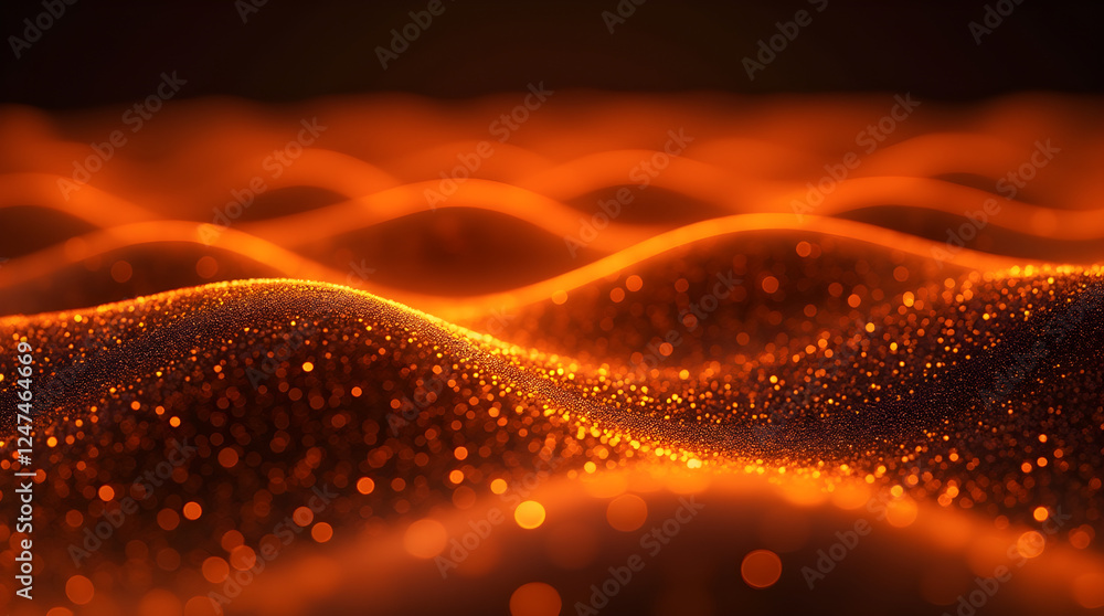 Poster abstract orange waves background: glittering particle surface with glowing light, modern art, dynami