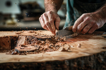 skilled woodworker hands expertly chiseling fine details into wooden surface, showcasing craftsmanship and dedication