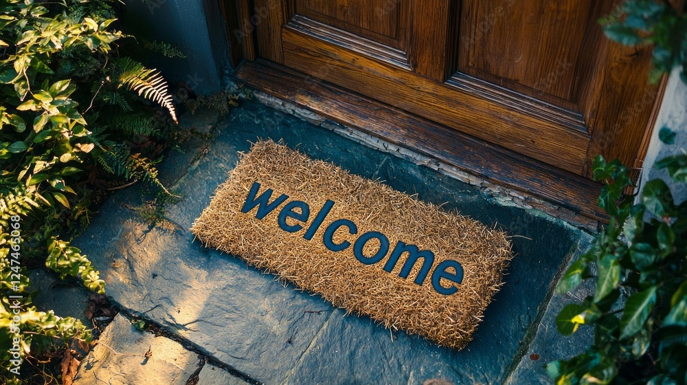 Poster a cozy entryway features a natural fiber welcome mat resting on a slate stone path. vibrant foliage 