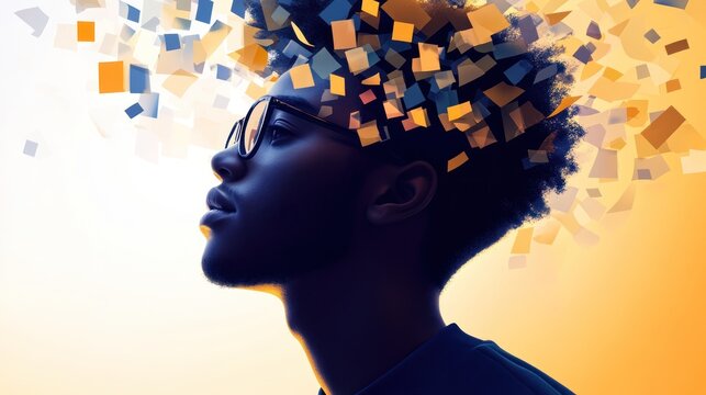 Young man, ideas exploding, studio, orange background, innovation