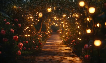 Romantic garden pathway lined with blooming roses and warm lights, creating an enchanting atmosphere