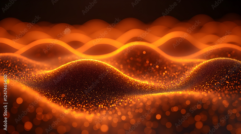 Poster abstract orange waves background: glowing particle surface with dynamic wavy texture, modern art des