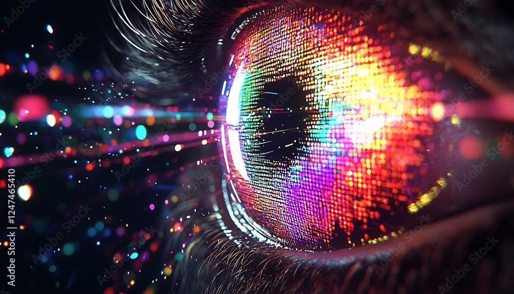 Poster animation concept a human eyea??s multicolored iris, with rainbow lines scattering from a bright bin