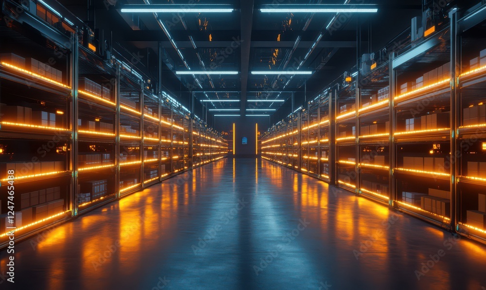 Poster rows of glowing packages on smart shelving units in a futuristic logistics hub, emphasizing automate