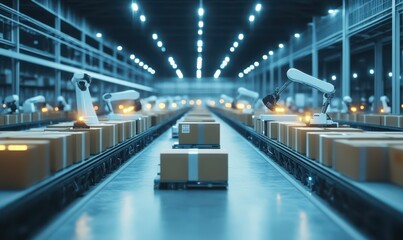 Rows of glowing industrial robots assembling packages in a clean, futuristic warehouse, symbolizing technological precision.
