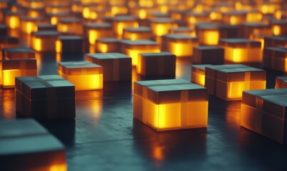 Obraz premium Rows of neatly stacked, glowing parcels in a smart warehouse under soft, ambient lighting, symbolizing logistical precision.