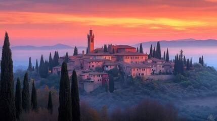 Tuscan Hilltop Village Sunrise View, Misty Morning, Scenic Landscape