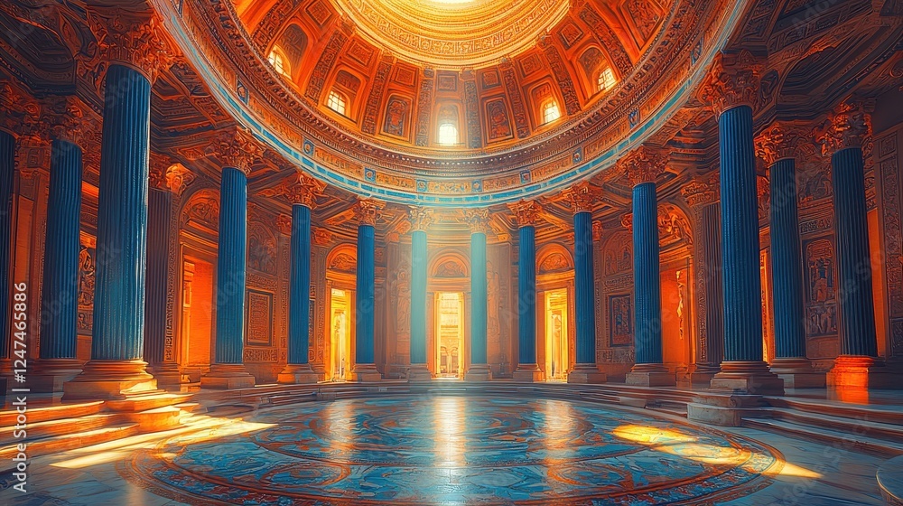 Poster a grand, illuminated architectural space with ornate columns and intricate designs.