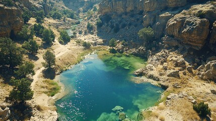 Aerial view turquoise river canyon,  arid landscape, travel background