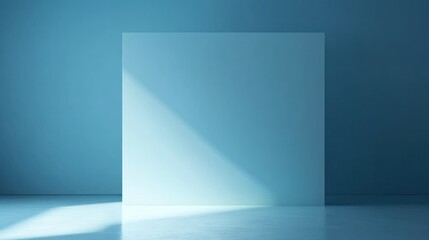 Blank poster, sunlit studio, blue wall, mock-up