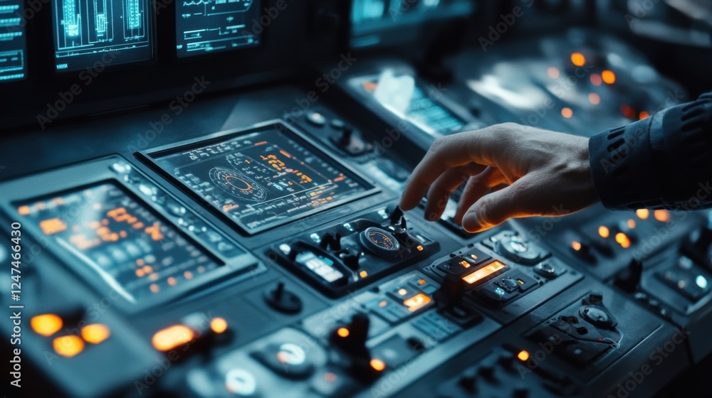Poster hand engaging with a sophisticated control panel, featuring illuminated screens and buttons. the set