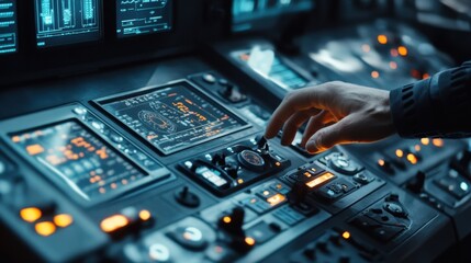 Hand engaging with a sophisticated control panel, featuring illuminated screens and buttons. The setting suggests a high tech laboratory environment, emphasizing precision and technology