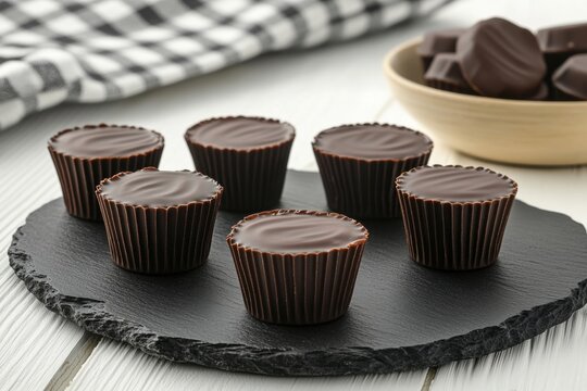 Photograph of a set of chocolate praline cups on a black slate plate, top view, with a white wooden table and checkered cloth in the background
