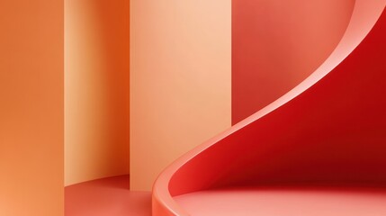Obraz premium Coral curved display stand, peach backdrop, product placement, studio
