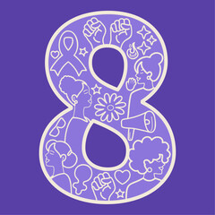 Número 8 con ilustraciones feministas para el 8 de marzo, Día Internacional de la Mujer.