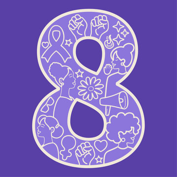 N&uacute;mero 8 con ilustraciones feministas para el 8 de marzo, D&iacute;a Internacional de la Mujer.