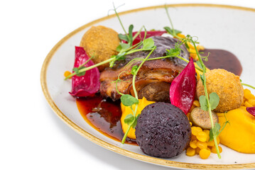 Slow-Cooked Pork with Beetroot and Pumpkin Puree
