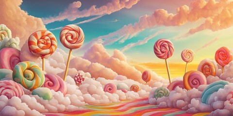 Surreal landscape featuring oversized colorful lollipops and soft fluffy clouds