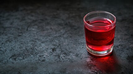 A vibrant red drink in a clear glass on a dark textured surface
