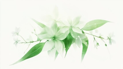 Obraz premium Pastel green floral arrangement, soft focus, white background, wedding invitation design