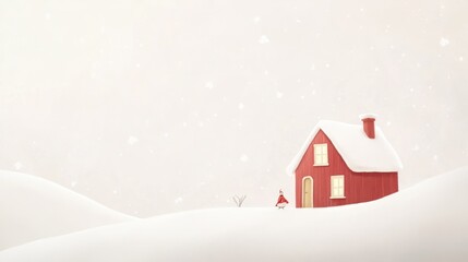 Naklejka premium Snowy winter scene red house, child sledding, snowfall, holiday card