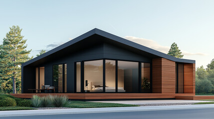 Fototapeta premium Modern A-Frame House with Large Windows and Warm Evening Lighting in Tranquil Landscape