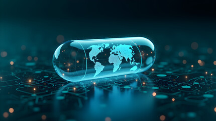 Global Health Pill: Futuristic Digital Illustration of Capsule with World Map, Medical Technology Concept for Healthcare Innovation & Pharmaceutical Industry