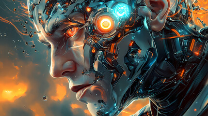 Cybernetic augmentation in cyborg technology, highlighting the enhancement of human abilities through advanced cybernetic implants. Cybernetic Enhancements. Illustration