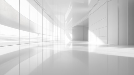 Fototapeta premium Sunlit modern white hallway; glass wall, reflective floor; architectural design