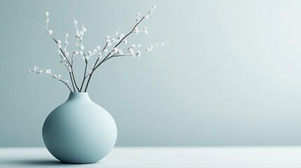 Pastel vase, blooming branches, minimalist room, serene spring scene, home decor