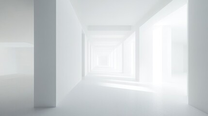 White hallway perspective, sunlight, modern architecture, interior design, background