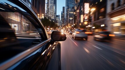 Night city drive, car speeding, blurred lights, urban background, transport advertisement.