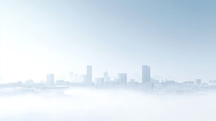 Fototapeta premium Misty city skyline sunrise, aerial view, urban landscape, hazy background, website header