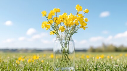Fototapeta premium Yellow wildflowers in glass jar, sunny field, spring
