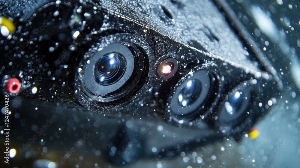 Poster high tech camera with multiple lenses capturing detailed underwater images. water droplets on the su