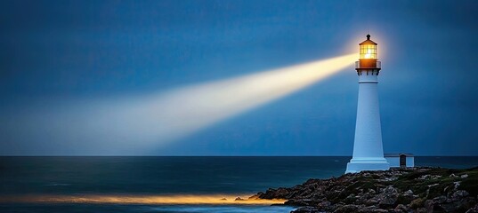 An abstract, futuristic scene with a lighthouse on a mountain. The night sea view showcases light reflections on the water, accompanied by neon illuminations in a dark seascape