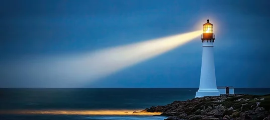 Fototapete Rund An abstract, futuristic scene with a lighthouse on a mountain. The night sea view showcases light reflections on the water, accompanied by neon illuminations in a dark seascape © Vladimir