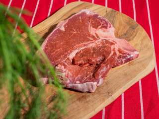 Fresh uncooked T bone steak with fresh dill and garlic cloves on wooden cutting board and on classic red and white stripe table cloth. High quality beef meat product. Butcher craft.