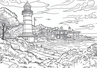 Adult Coloring Page. Adjustable stroke width drawing. Pictures for coloring of a lighthouse amidst mountains, a radiant ocean, and sea waves. Anti-stress freehand sketch with doodles